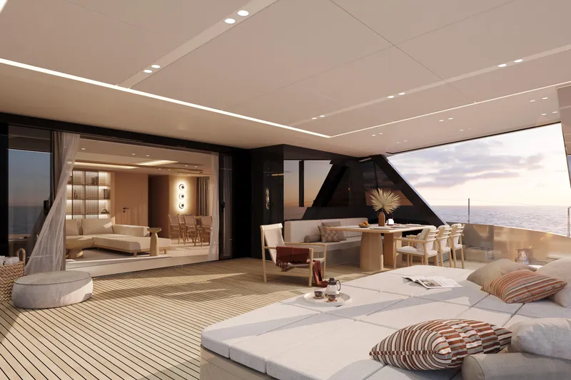  Yacht Photos Pics Luxurious Sunreef 100 yacht interior with elegant seating and ocean view, 2026 model.