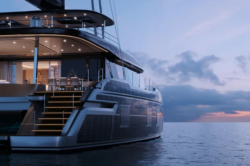  Yacht Photos Pics Luxurious Sunreef 100 yacht at sunset, showcasing elegant design and modern amenities, 2026 model.