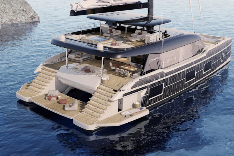  Yacht Photos Pics Luxurious 2026 Sunreef 100 yacht with spacious decks and modern design on calm waters.