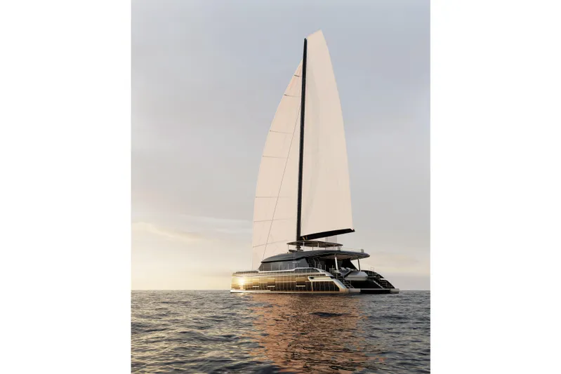  Yacht Photos Pics Luxurious Sunreef 100 yacht sailing at sunset, 2026 model, on calm ocean waters.