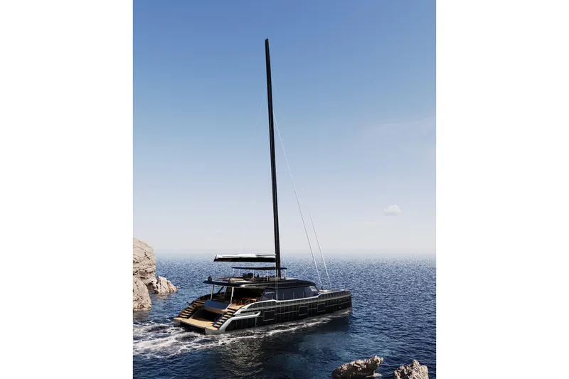  Yacht Photos Pics Luxury Sunreef 100 yacht sailing near rocky coastline, 2026 model.