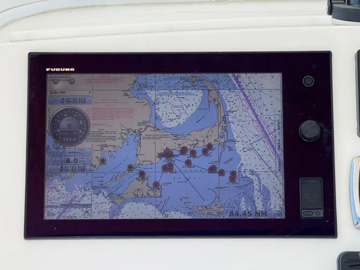 Tiger Yacht Photos Pics Furuno marine GPS display on 2017 Regulator 34SS, showing nautical chart and navigation data.