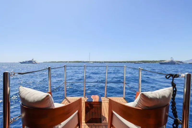 Magna Grecia Yacht Photos Pics View from 1986 Elsflether Werft AG Custom yacht deck, overlooking ocean and distant boats.
