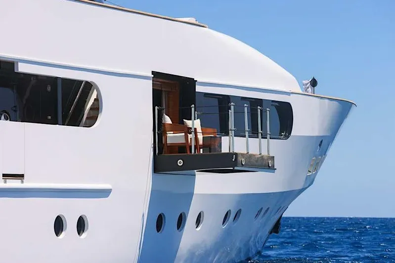 Magna Grecia Yacht Photos Pics Luxury yacht by Elsflether Werft AG, 1986, featuring a custom balcony over the ocean.