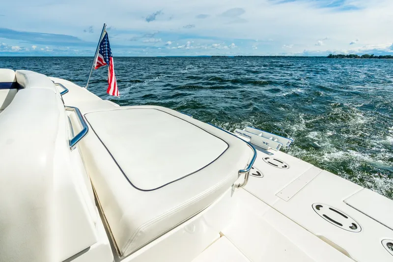 Hav-n Fun Yacht Photos Pics 2009 Sea Ray 470 Sundancer yacht cruising on open water with American flag.