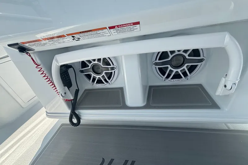  Yacht Photos Pics 2026 Yellowfin 36 Offshore boat speakers and radio handset detail.