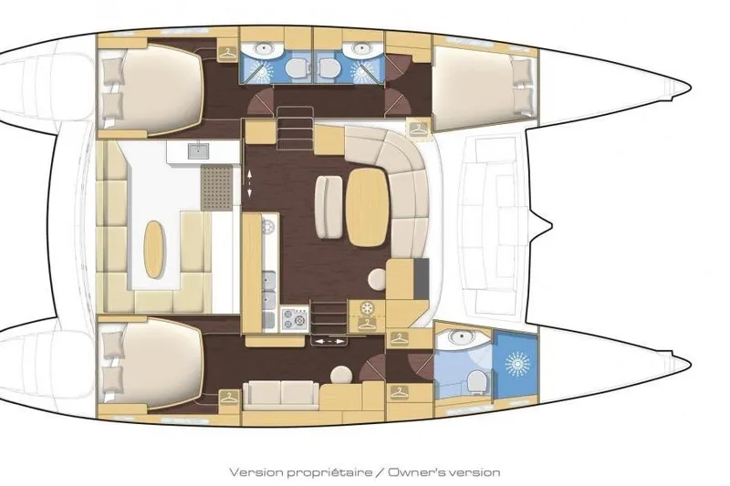 Sailifi Yacht Photos Pics Floor plan of 2007 Lagoon 440 catamaran, owner's version layout with cabins and amenities.