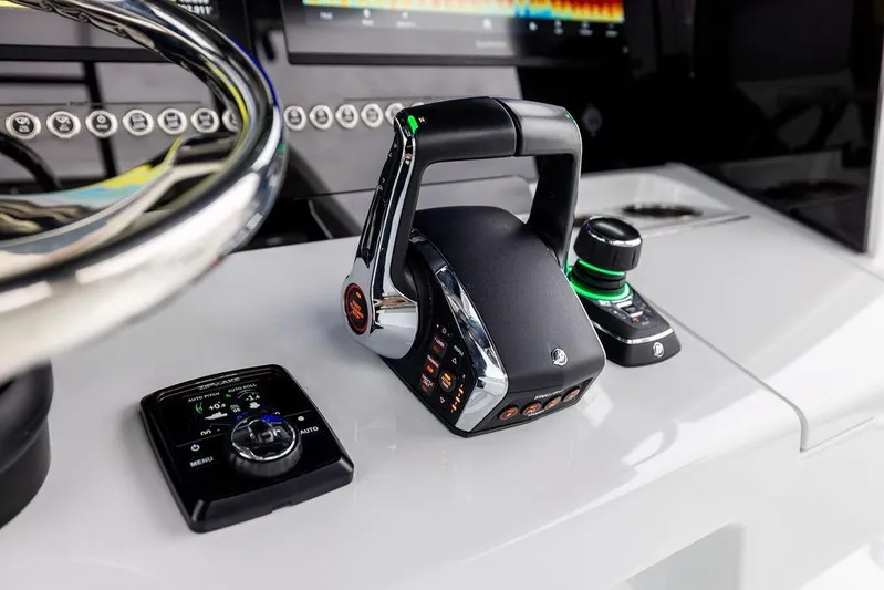 Never Enough Yacht Photos Pics Control panel of 2025 Freeman 38 boat with advanced navigation technology.