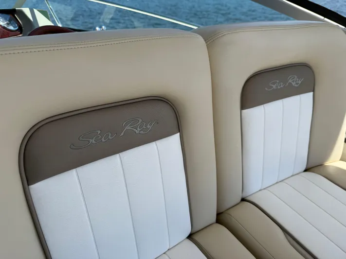  Yacht Photos Pics Luxury seating on 2012 Sea Ray 370 Sundancer boat, featuring elegant beige and white upholstery.