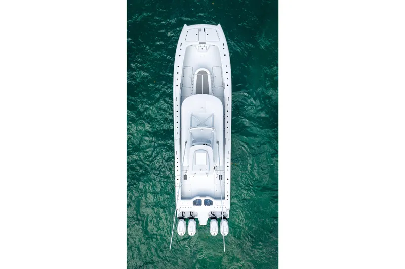 Cya Yacht Photos Pics Aerial view of 2025 Freeman 43 boat on turquoise water.