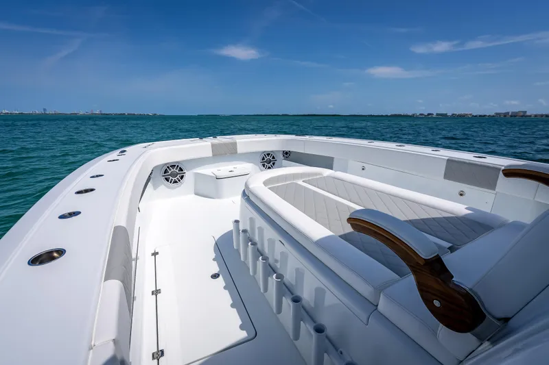 Cya Yacht Photos Pics Luxurious 2025 Freeman 43 boat interior with plush seating on open water.