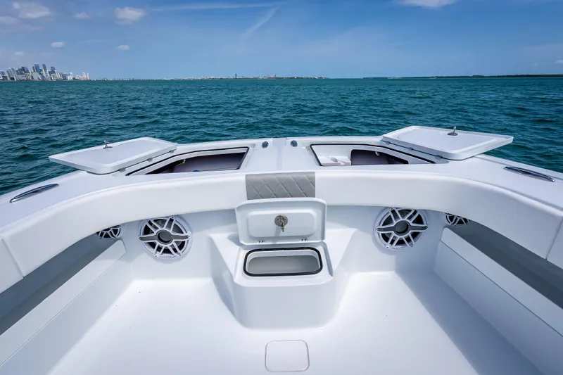 Cya Yacht Photos Pics Bow view of 2025 Freeman 43 boat on open water, featuring storage compartments.