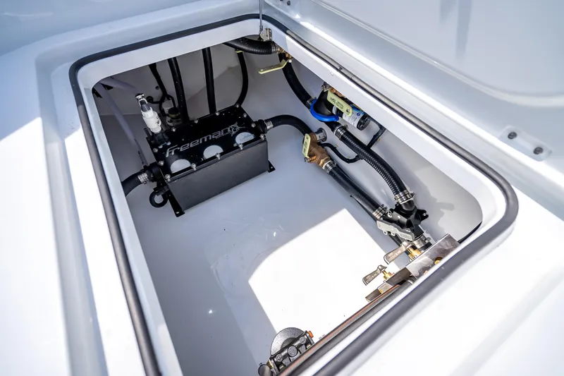 Cya Yacht Photos Pics Freeman 43 boat compartment with mechanical components, 2025 model.