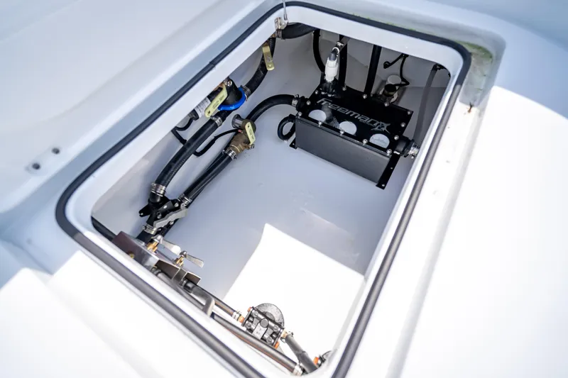 Cya Yacht Photos Pics Freeman 43 (2025) boat compartment with hydraulic system and components.