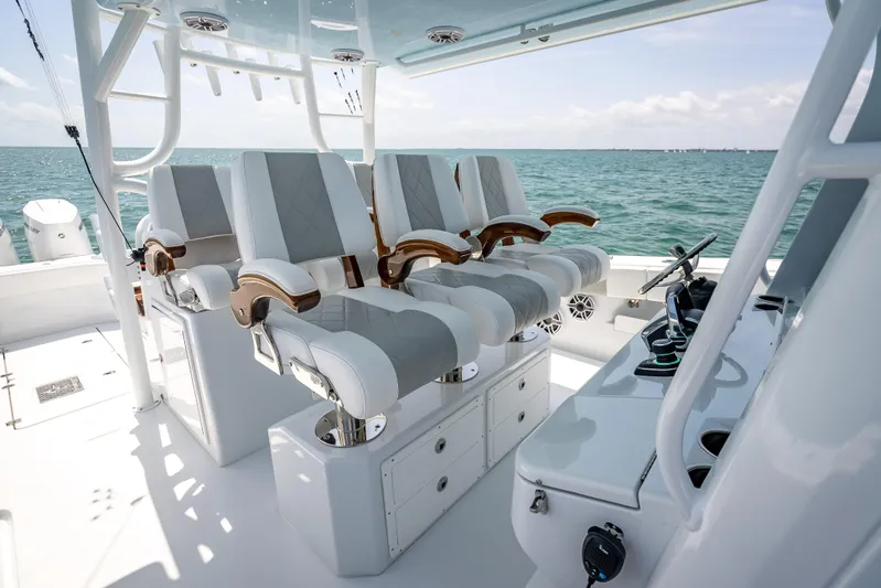 Cya Yacht Photos Pics Luxury seating on 2025 Freeman 43 boat with ocean view.