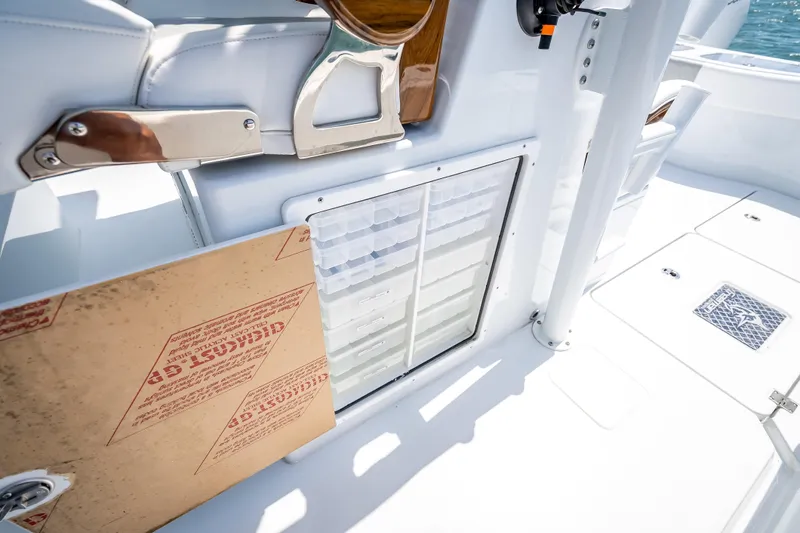 Cya Yacht Photos Pics Freeman 43 boat interior, 2025 model, featuring storage compartments and sleek white design.