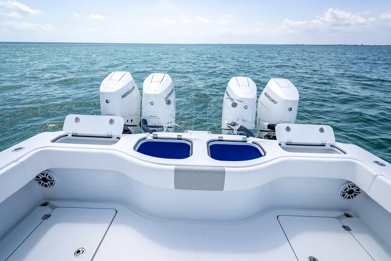 Cya Yacht Photos Pics Freeman 43 boat with four Mercury engines on open sea, 2025 model.