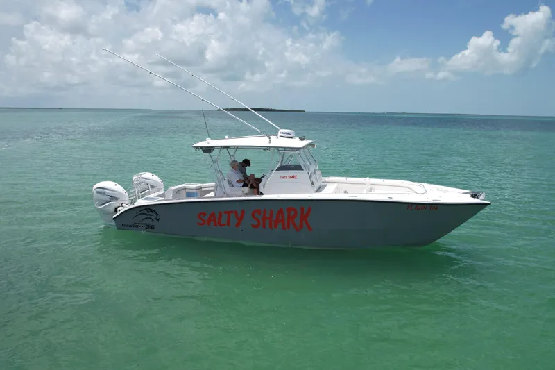  Yacht Photos Pics 2023 Prowler Renaissance Prowler 36 boat named "Salty Shark" on turquoise water.