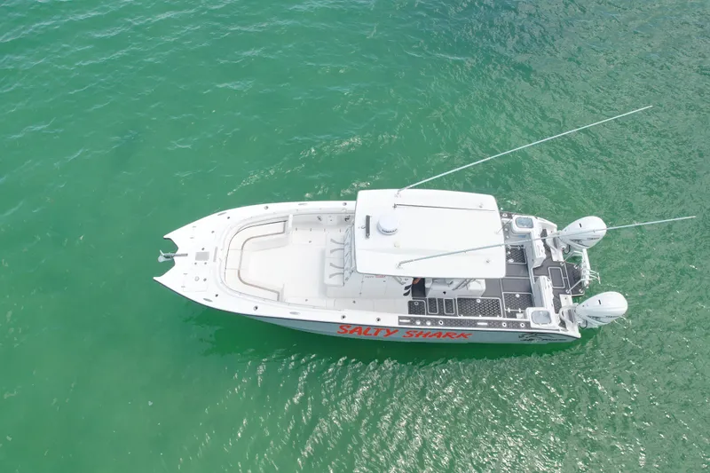  Yacht Photos Pics Aerial view of 2023 Prowler Renaissance Prowler 36 boat on turquoise water.