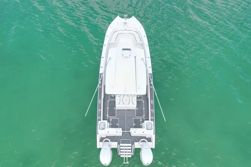  Yacht Photos Pics Aerial view of 2023 Prowler Renaissance Prowler 36 boat on turquoise water.