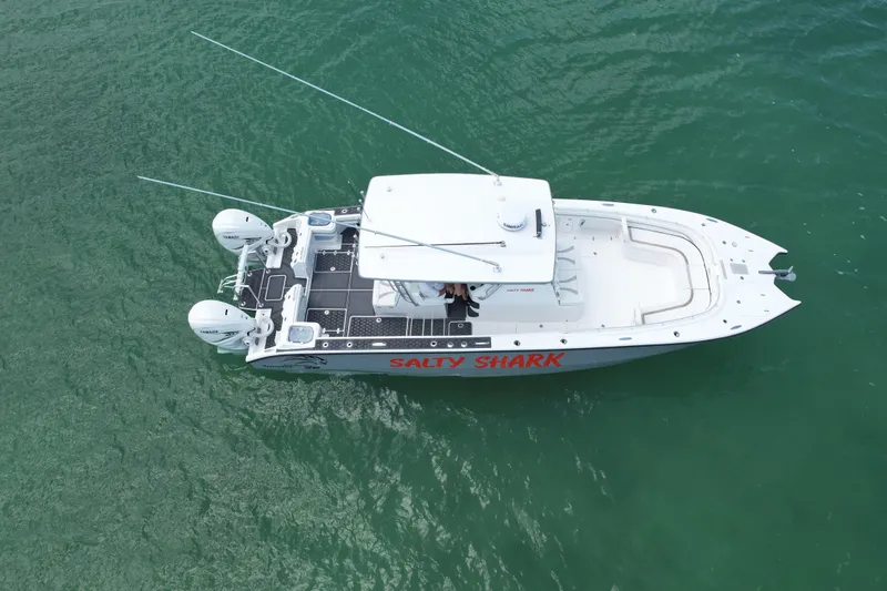  Yacht Photos Pics Aerial view of 2023 Prowler Renaissance Prowler 36 boat on turquoise water.