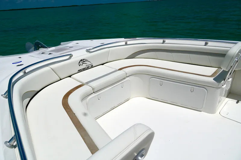  Yacht Photos Pics Luxurious seating area on 2023 Prowler Renaissance Prowler 36 boat, with ocean backdrop.