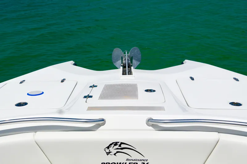  Yacht Photos Pics Bow of 2023 Prowler Renaissance Prowler 36 boat on clear green water.