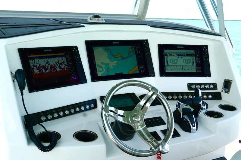  Yacht Photos Pics Control panel of 2023 Prowler Renaissance Prowler 36 boat with navigation screens.