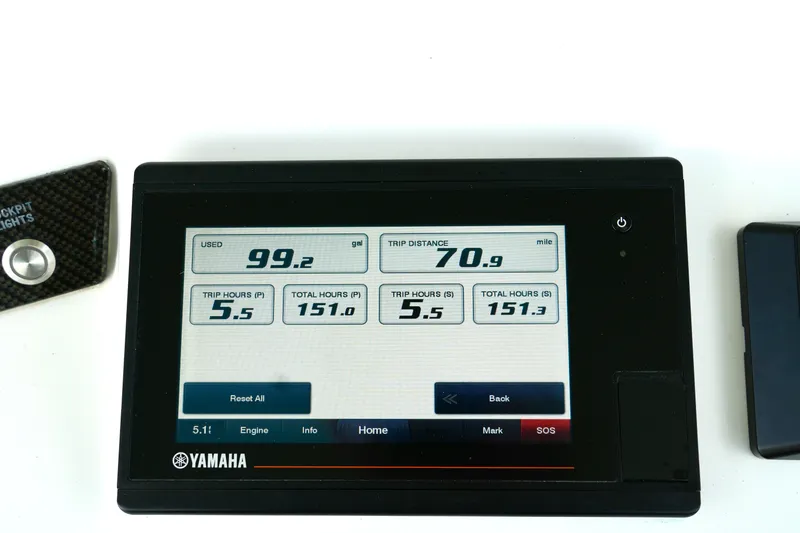  Yacht Photos Pics Yamaha display showing fuel usage and trip data on Prowler Renaissance Prowler 36, 2023 model.