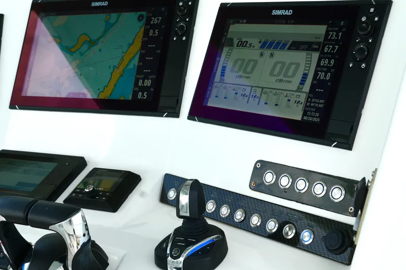 Yacht Photos Pics Control panel of 2023 Prowler Renaissance Prowler 36 with Simrad navigation displays.