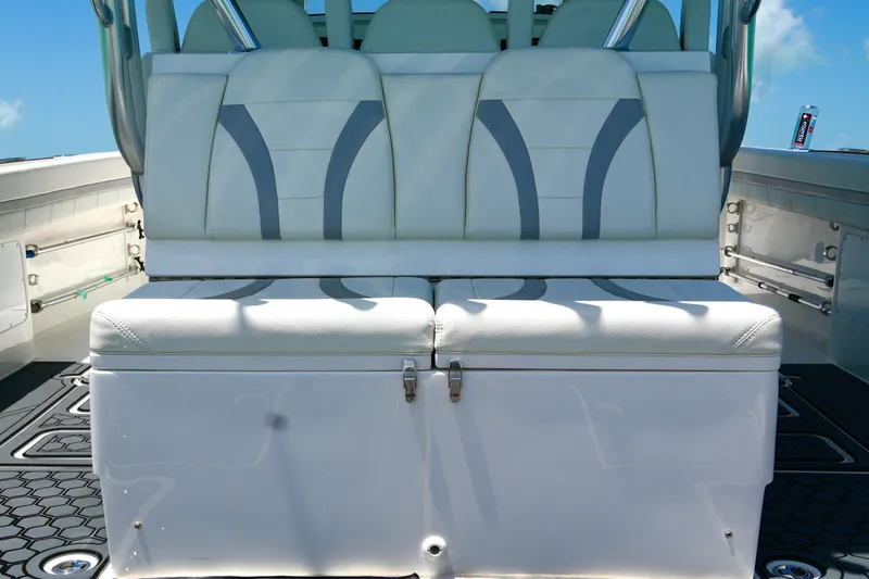  Yacht Photos Pics 2023 Prowler Renaissance Prowler 36 boat seating with sleek white and gray design.