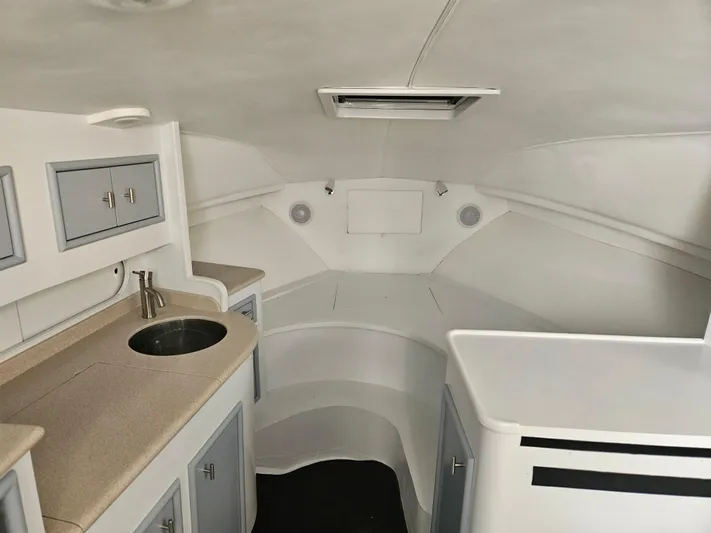  Yacht Photos Pics Interior of 1996 Blackfin 33 Combi boat, featuring compact kitchen and storage cabinets.