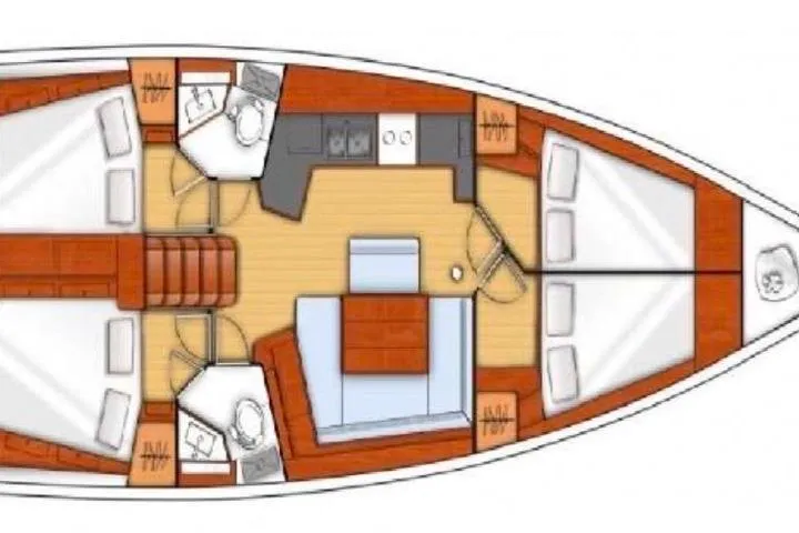  Yacht Photos Pics Floor plan of a 2019 Beneteau Oceanis 45 sailboat, featuring cabins and living areas.