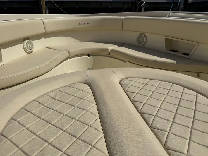  Yacht Photos Pics Luxurious seating on 2018 Chris-Craft Catalina 30 boat with beige upholstery.