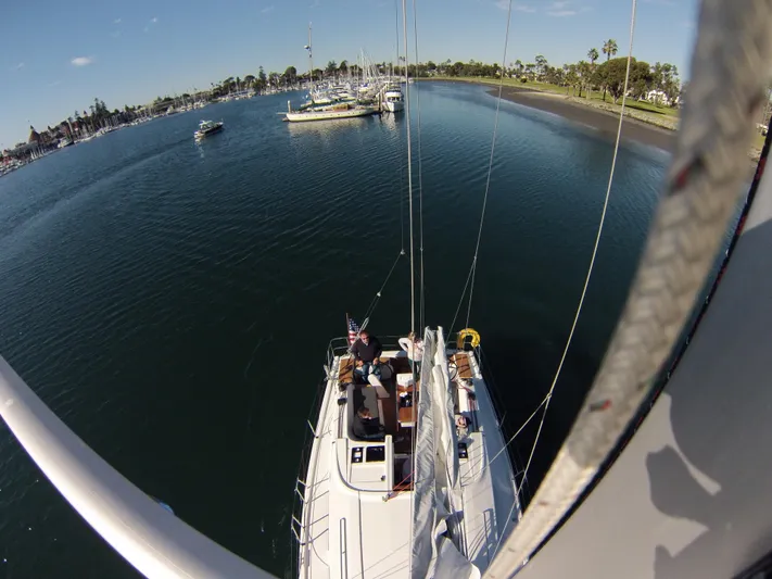 Bonejour Yacht Photos Pics Aerial view of 2012 Hanse 385 sailboat in a calm marina.