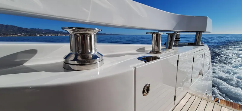 Nassara Yacht Photos Pics Azimut 78 yacht deck with ocean view, 2023 model, featuring sleek design and chrome details.