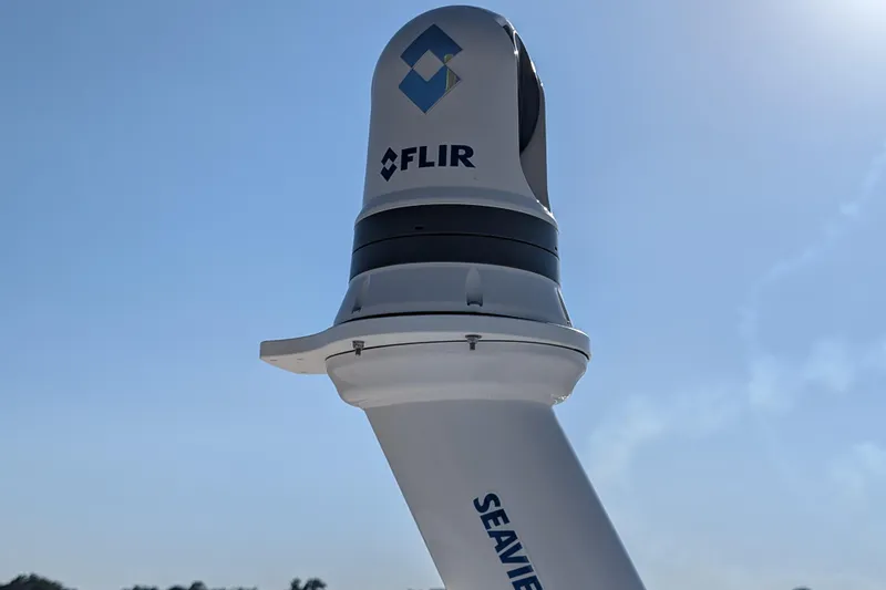  Yacht Photos Pics FLIR camera on 2024 Boston Whaler 350 Realm under clear blue sky.