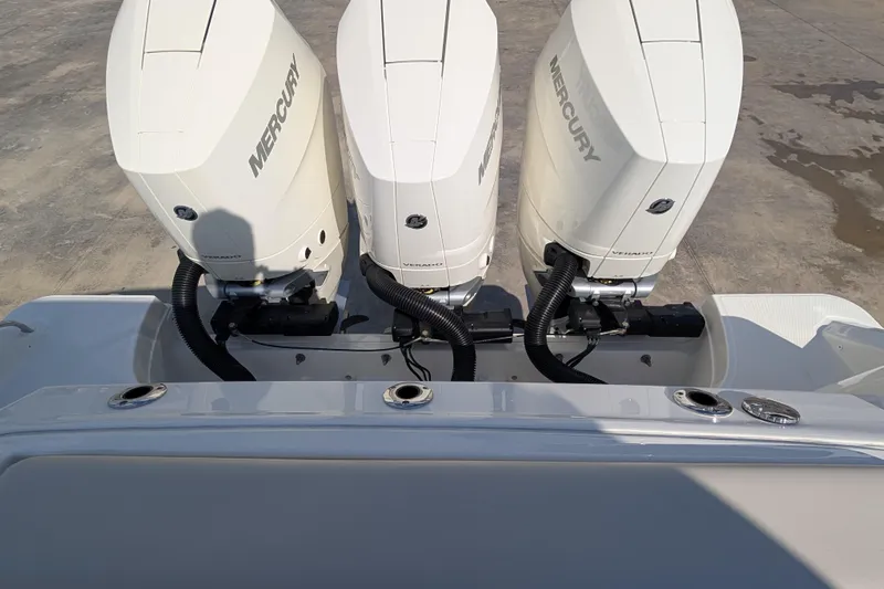 Yacht Photos Pics Triple Mercury outboard engines on a 2024 Boston Whaler 350 Realm boat.
