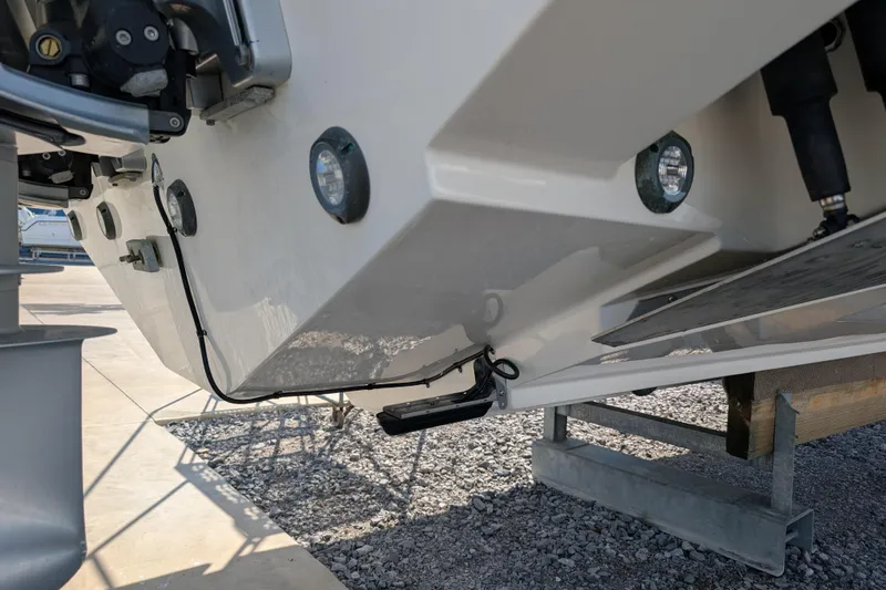  Yacht Photos Pics 2024 Boston Whaler 350 Realm boat hull with underwater lights and transom details.