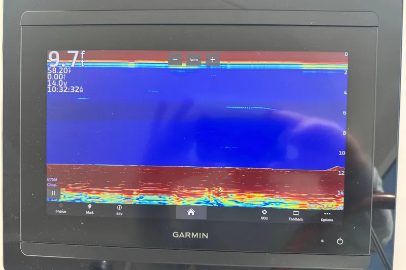  Yacht Photos Pics Garmin marine display on 2008 Tiara Yachts 3900 Sovran, showing sonar depth and temperature.