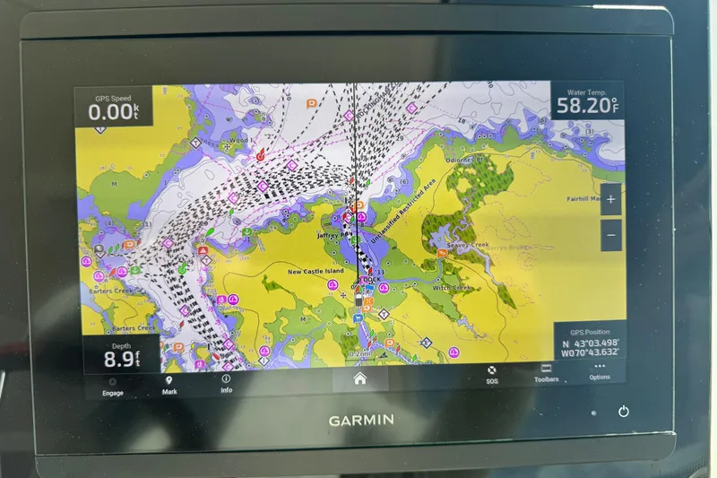  Yacht Photos Pics Garmin GPS display on 2008 Tiara Yachts 3900 Sovran, showing nautical chart and data.