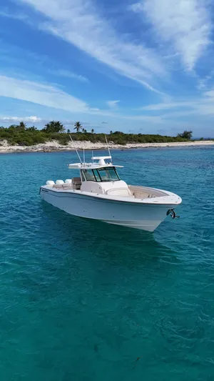  Yacht Photos Pics 2013 Grady-White Canyon 366 boat on clear blue water near a tropical shoreline.