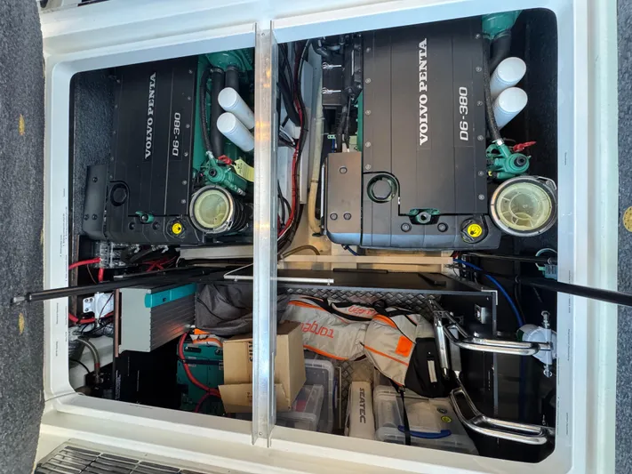 Annie Yacht Photos Pics Engine compartment of 2023 Nimbus 405 Coup&eacute; with dual Volvo Penta D6-380 engines.