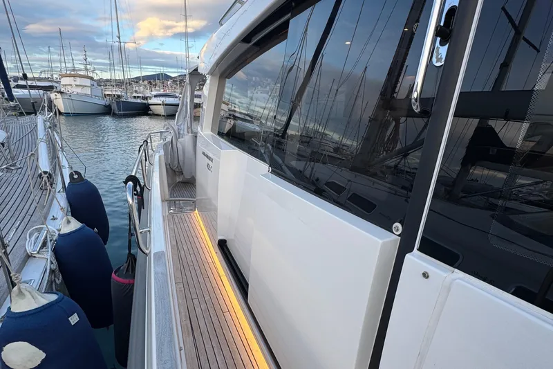 Annie Yacht Photos Pics Nimbus 405 Coup&eacute; 2023 yacht docked at marina, showcasing sleek design and modern features.