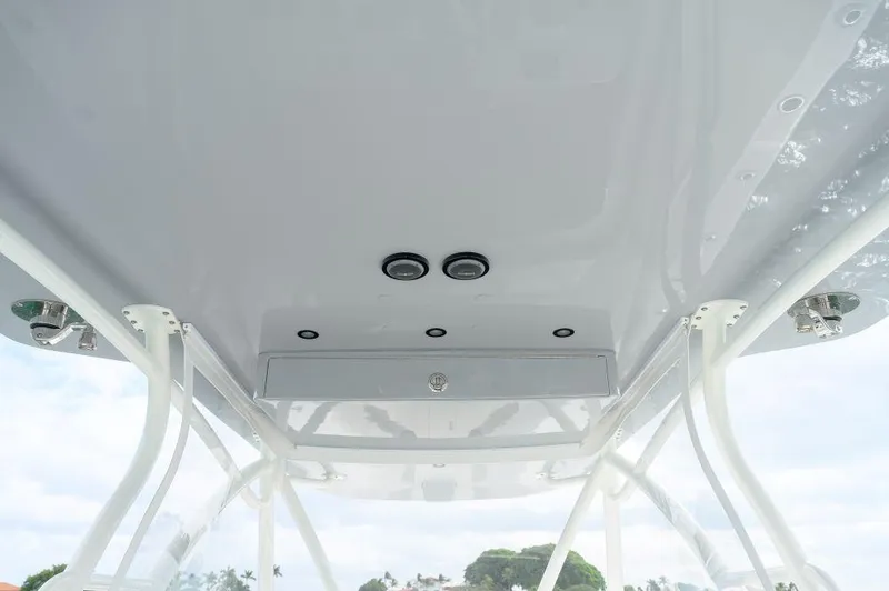  Yacht Photos Pics 2023 SeaVee 420Z boat canopy with integrated lighting and sleek design.