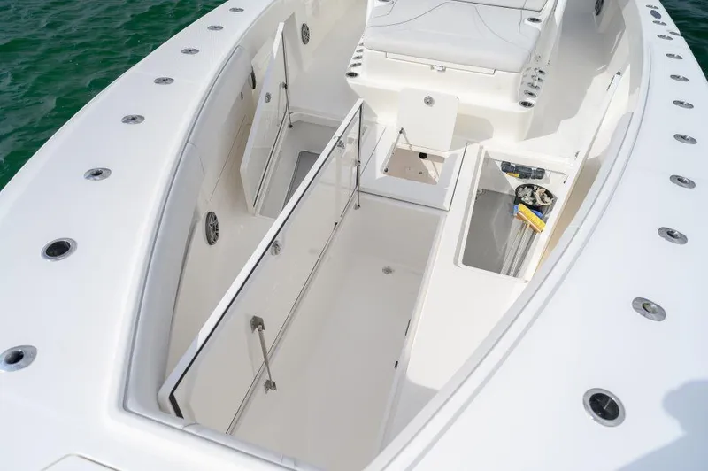  Yacht Photos Pics 2023 SeaVee 420Z boat deck with spacious storage compartments.