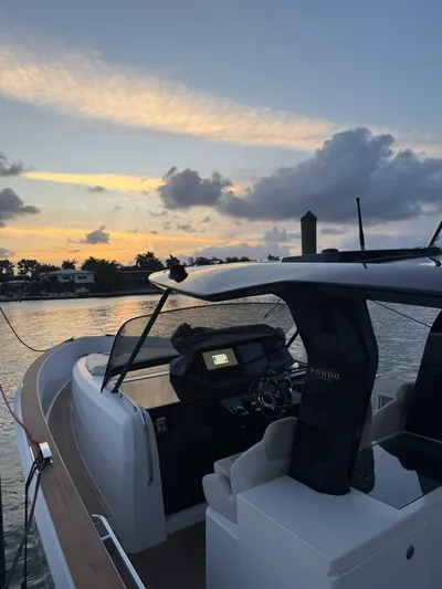  Yacht Photos Pics 2022 Pardo Yachts 38 at sunset, featuring sleek design and modern cockpit.