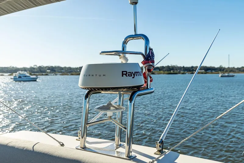  Yacht Photos Pics Radar equipment on a 2019 Prestige 520 yacht, with scenic water view.