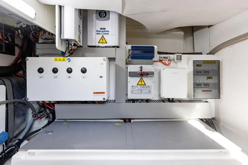  Yacht Photos Pics Electrical control panel in a 2019 Prestige 520 yacht engine room.