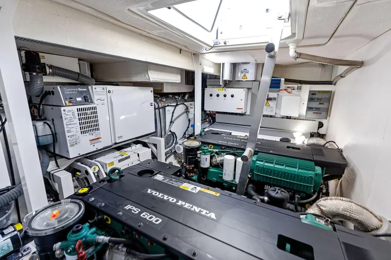  Yacht Photos Pics Engine room of a 2019 Prestige 520 yacht with Volvo Penta IPS 600 engines.